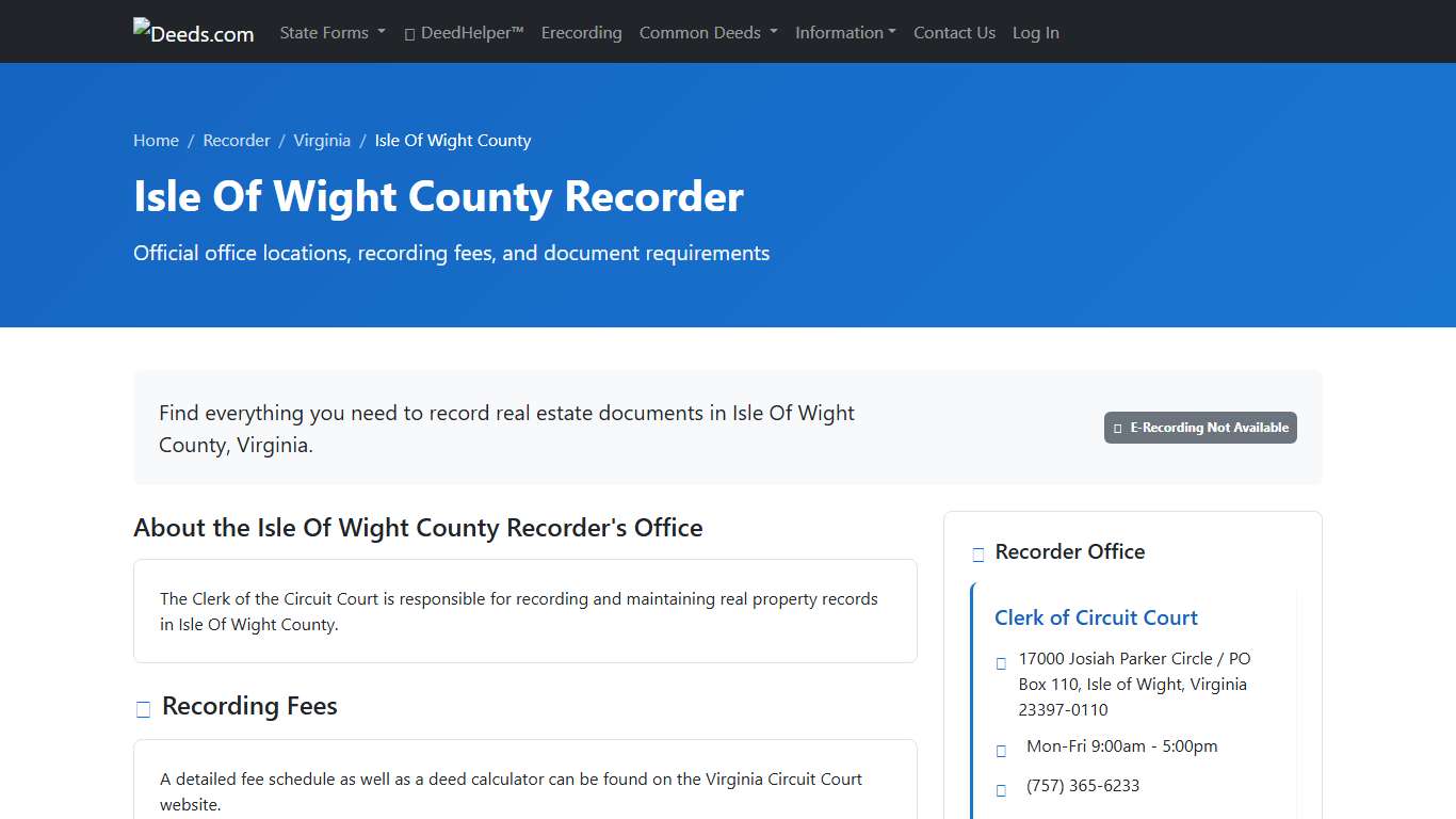 Isle Of Wight County Recorder Information, Virginia - Deeds.com